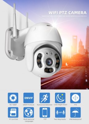 A6 Wireless WIFI PTZ IP Camera Outdoor 1080P Humanoid Detection Dome Camera ONVIF 2-Way Audio IR 30M Full Color Night Vision