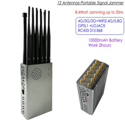 121A-12A 12 Antennas Portable Signal Jammer,Total 8.4Watt, Distance Up to 20m, Battery Time 2hours