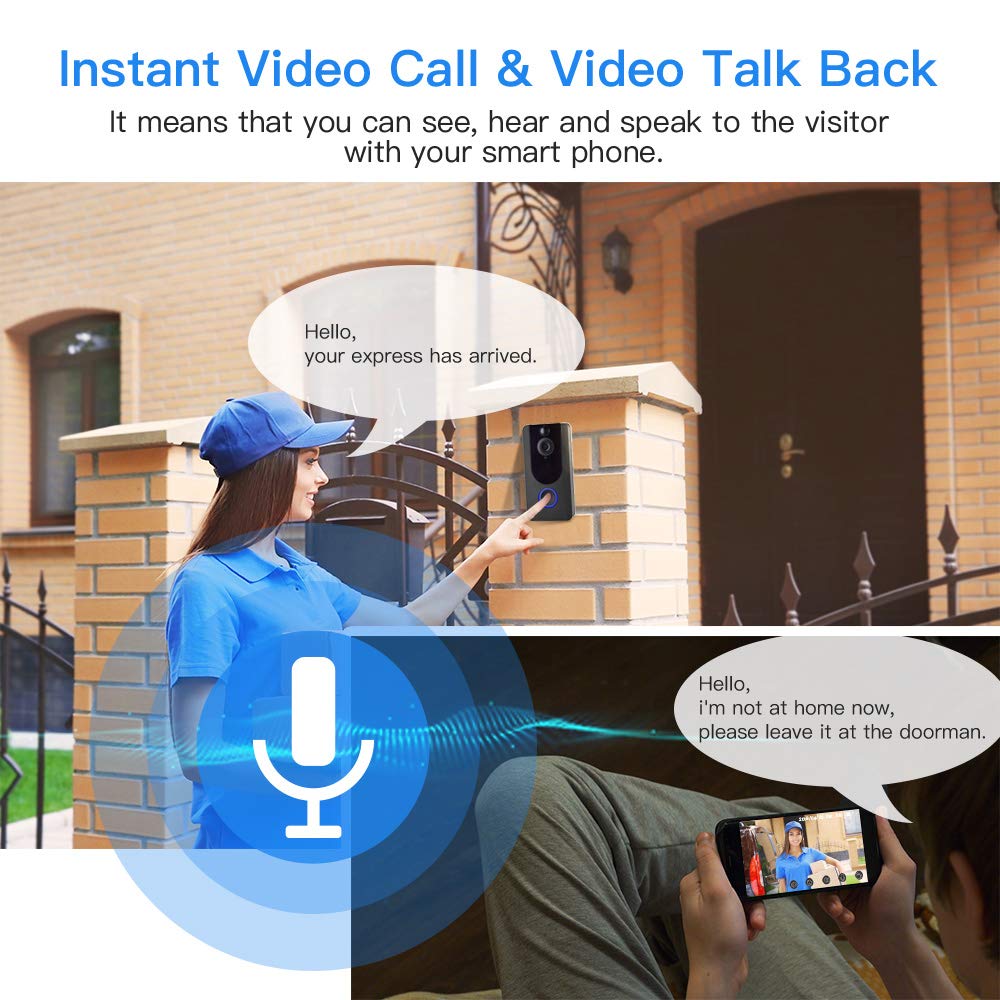 V7  WiFi Smart Video Doorbell Wireless Door Bell 1080P HD Wireless Home Security Doorbell Camera with Two-Way Talk & Video, IR Motion