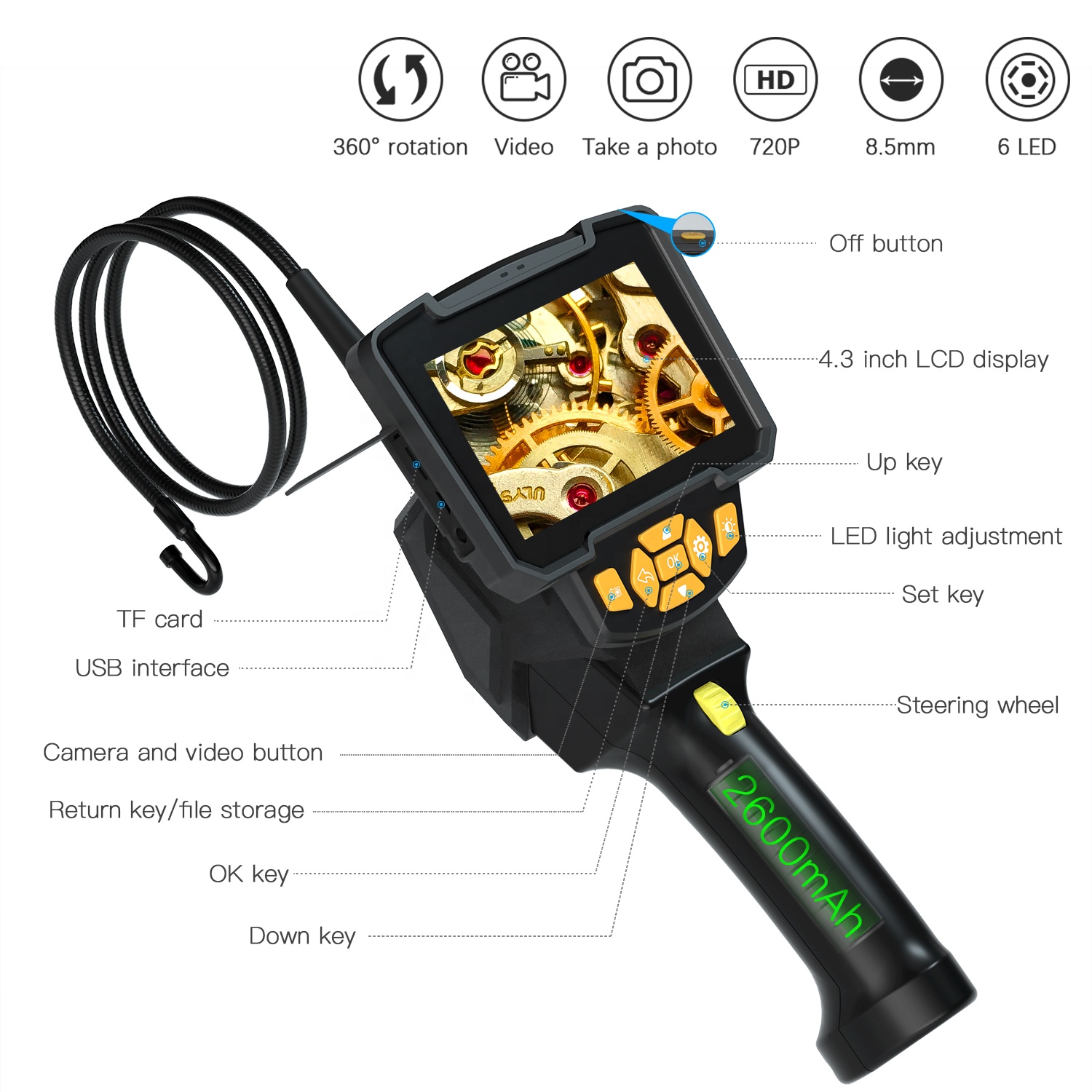 IK805 Mini Camera Car Rotary Endoscope for Android Smartphone Phones Pc Micro Usb Video 360 Degree Endoscopic Camcorder With Monitor