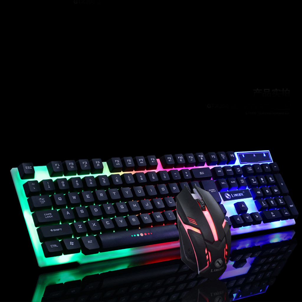 GTX300 Colorful LED Illuminated Backlit USB Wired PC Rainbow Gaming Keyboard Mouse Set Gamer Gaming Mouse and Keyboard Kit Home Office