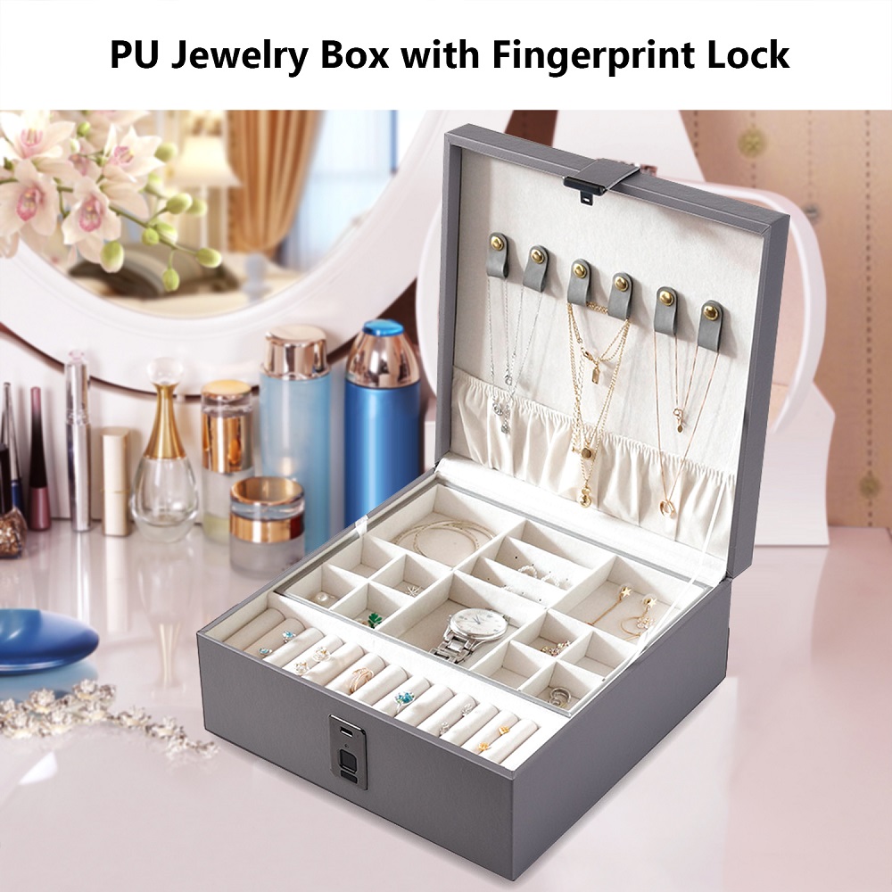 JB09 PU Jewelry Storage Box with Fingerprint Lock 2-Layer Large Capacity Jewellery Organizer Box with Security Fingerprint Unlocking