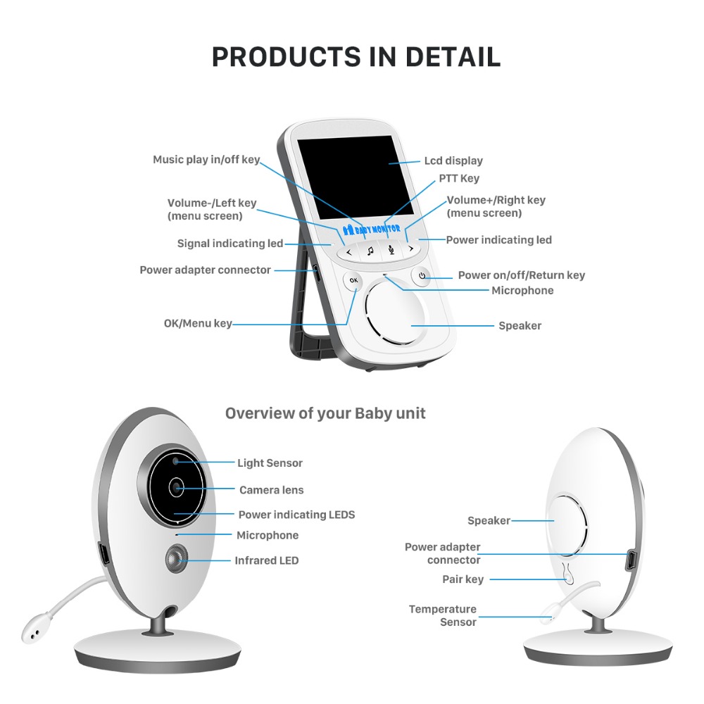 VB605 Wireless Video Baby Monitor 2.4 inch Mini Camera 2.4GHz Intercom Temperature Monitoring Night Vision Music Player