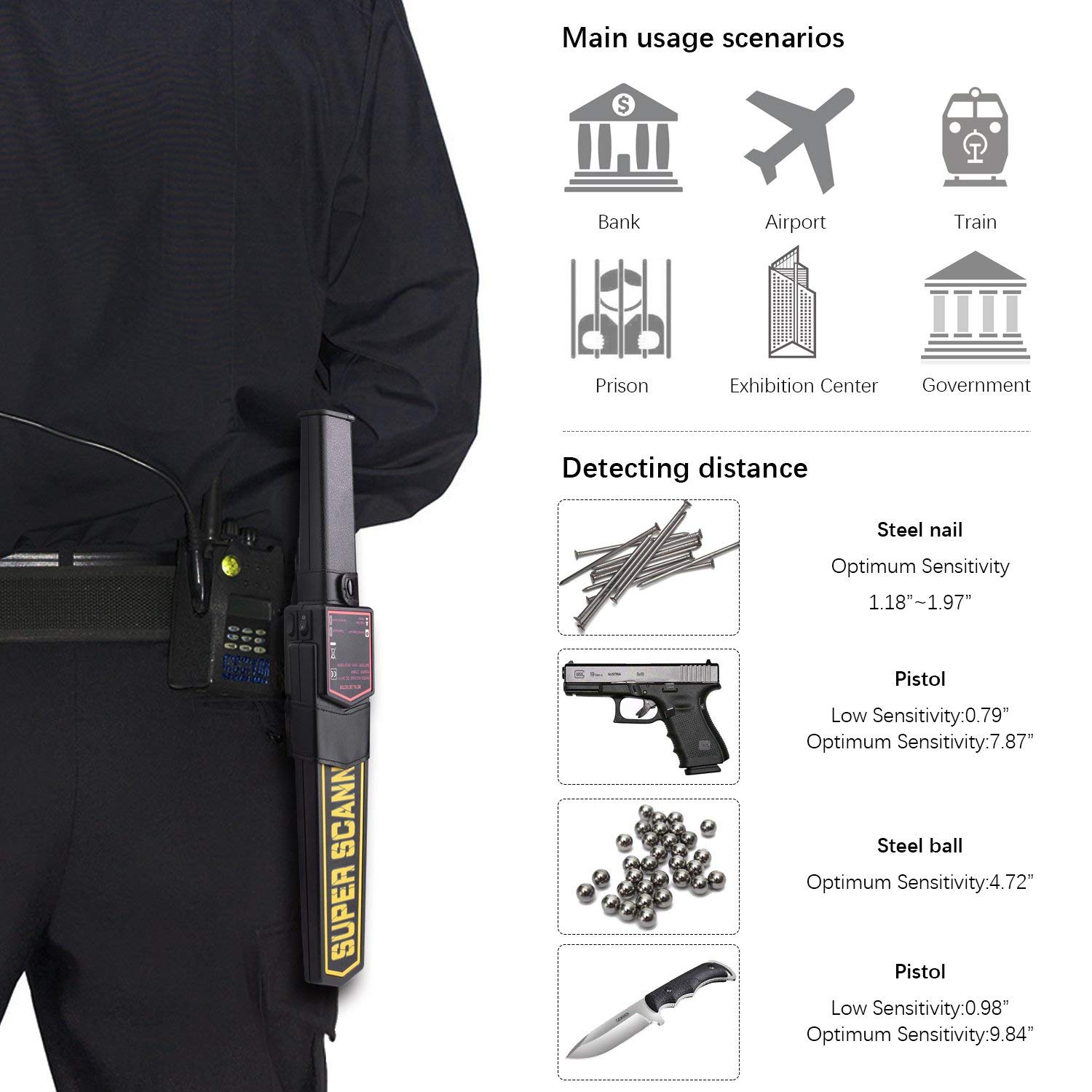 MD3003B1 Hand Held Metal Detector Wand Security Scanner with 9V Battery, Belt Holster, Adjustable Sensitivity, Optional Sound & Vibration Modes for Airport, Open Port, Frontier, Company Entrance